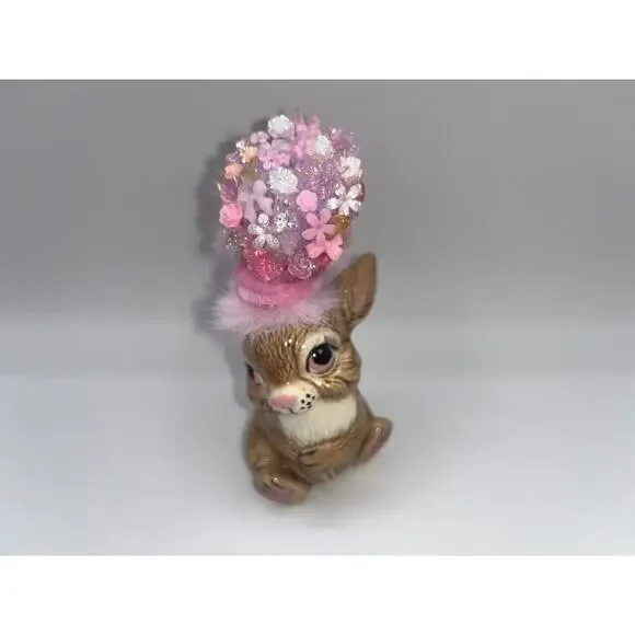 Vintage Ceramic Sitting Pretty Easter Bunny Poof Faux Fur Flower Hat Deb O. OOAK - Picture 3 of 16
